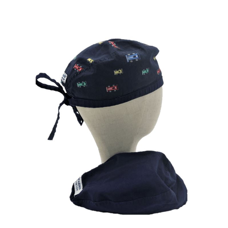 Reversible Primary Colour Racecars on Navy Skull Cap Surgical Hats Ozzie Masks 