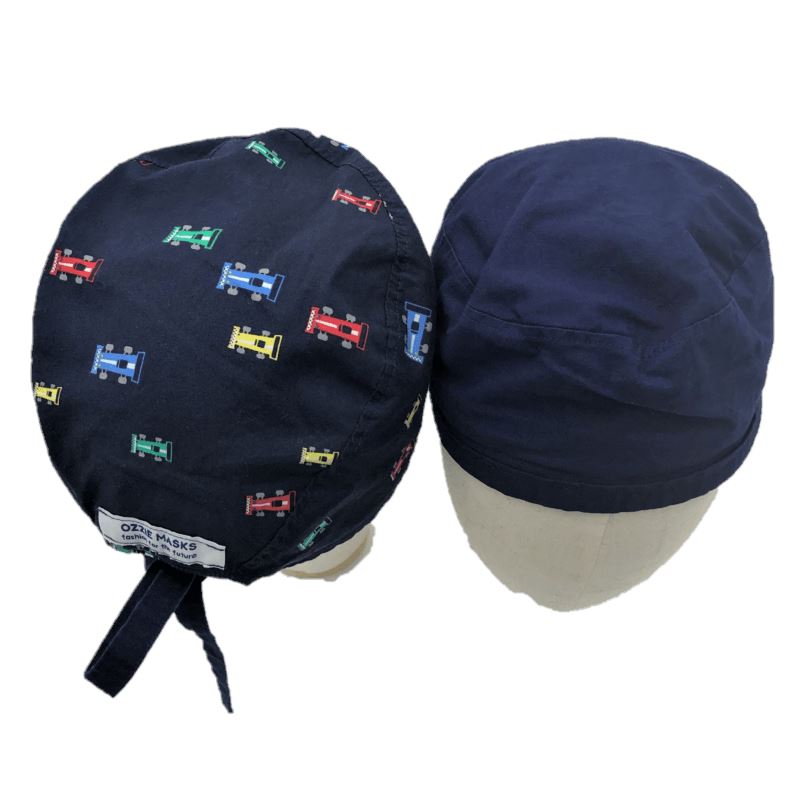 Reversible Primary Colour Racecars on Navy Skull Cap Surgical Hats Ozzie Masks 